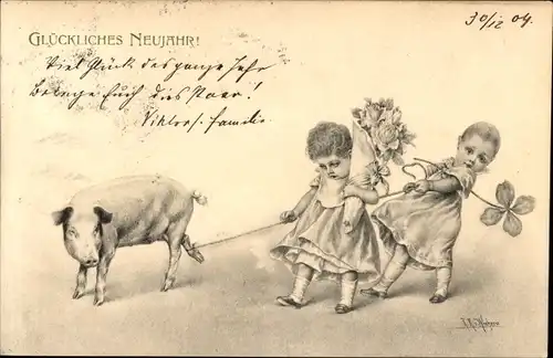 Künstler Ak Glückwunsch Neujahr, Kinder, Schwein, Glücksklee