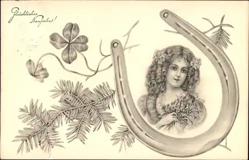 Ak Glückwunsch Neujahr, Mädchen-Portrait, Hufeisen, Glücksklee, Tannenzweige