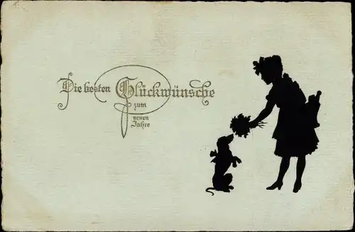 Scherenschnitt Ak Glückwunsch Neujahr, Frau mit Blumenstrauß, Hund