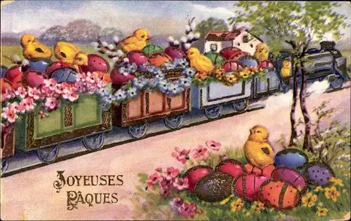 Ak Glückwunsch Ostern, Küken, Ostereier, Blumen, Weidenkätzchen