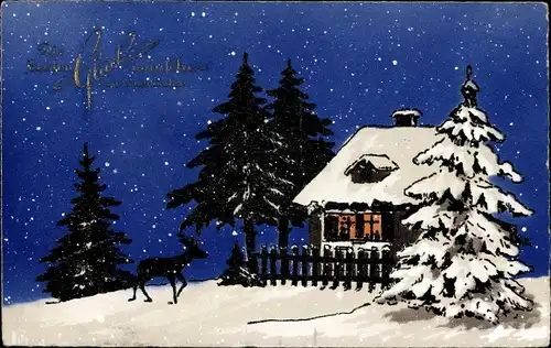 Scherenschnitt Ak Glückwunsch Neujahr, Reh, Haus, Tannenbäume, Schnee