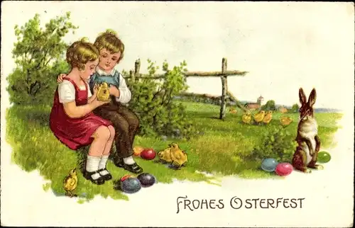 Ak Glückwunsch Ostern, Kinder, Osterhase, Ostereier, Küken