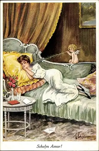 Künstler Ak Scheuermann, Willi, Schelm Amor, Liebesengel, Schlafende Frau