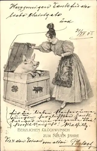 Litho Glückwunsch Neujahr, Noble Frau, Schwein in einer Truhe