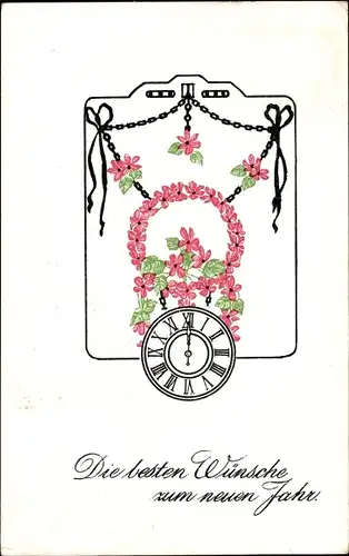 Ak Glückwunsch Neujahr, Uhr, Blumen