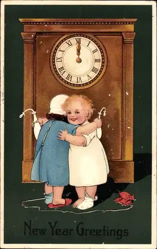 Präge Ak Glückwunsch Neujahr, Zwei Kinder umarmen sich, Milchflaschen, Uhr