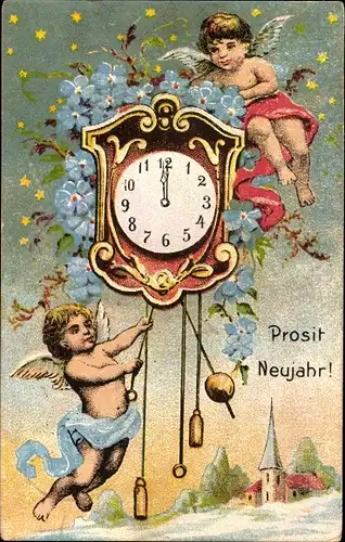 Ak Glückwunsch Neujahr, Engel, Uhr, Vergissmeinnicht