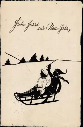 Scherenschnitt Ak Glückwunsch Neujahr, Kinder fahren Schlitten