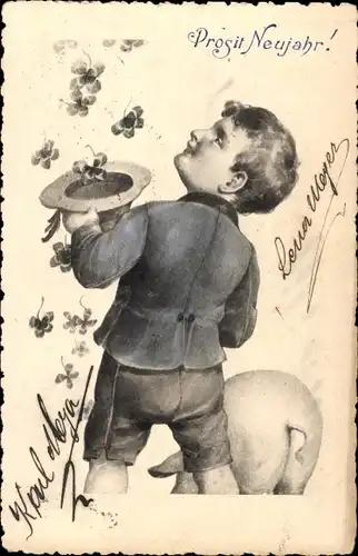 Litho Glückwunsch Neujahr, Kind mit Hund, Glücksklee, Schwein