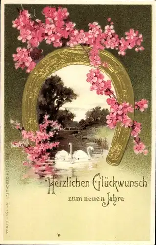 Litho Glückwunsch Neujahr, Hufeisen, Schwäne, Blumen