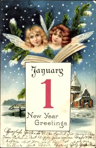 Ak Glückwunsch Neujahr, Singende Engel, Kalender, Tannenzweige