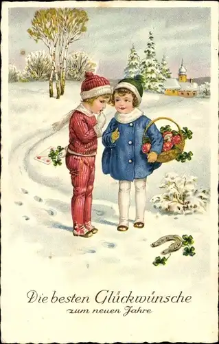 Ak Glückwunsch Neujahr, Kinder, Glücksklee, Hufeisen, PIlze