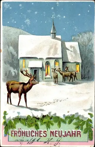 Litho Glückwunsch Neujahr, Hirsch, Rehe, Kirche