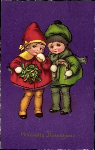 Ak Glückwunsch Neujahr, Kinder, Mistelzweige, Hufeisen