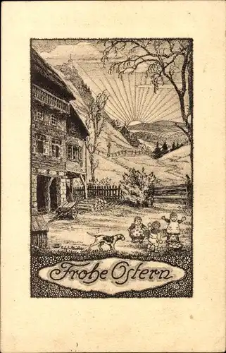 Künstler Ak Müller, R., Glückwunsch Ostern, Kinder spielen auf dem Hof, Hund