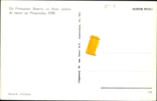 Ak Prinzessinnen Beatrix und Irene der Niederlande, Kutsche, Prinsjesdag 1958
