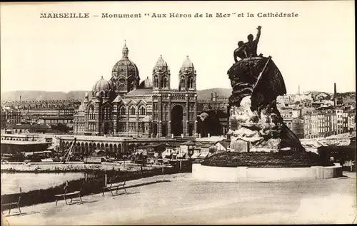 Ak Marseille Bouches du Rhône, Denkmal für die Helden des Meeres, Die Kathedrale