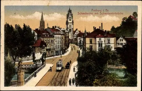 Ak Freiburg im Breisgau, Schwabentor, Schwabentorbrücke, Tram