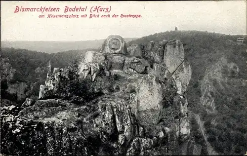 Ak Thale im Harz, Bodetal, Bismarckfelsen, Am Hexentanzplatz mit Blick nach der Rosstrappe