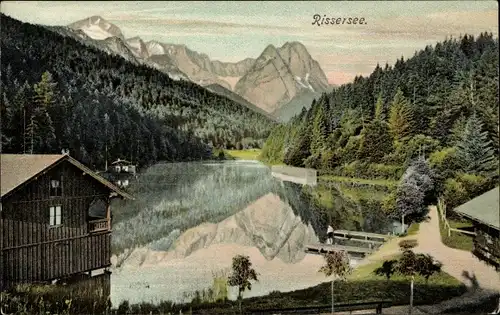 Ak Garmisch Partenkirchen in Oberbayern, Rießersee, Seeblick, Hütte, Gebirge