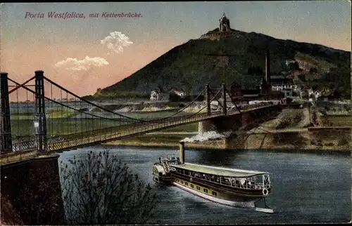 Ak Porta Westfalica an der Weser, Teilansicht mit Kettenbrücke, Schiff