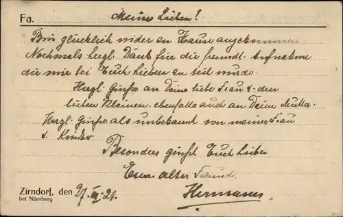 Ak Zirndorf in Mittelfranken, Handschriftliche Dankeskarte, Hermann Krieg