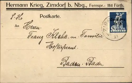 Ak Zirndorf in Mittelfranken, Handschriftliche Dankeskarte, Hermann Krieg