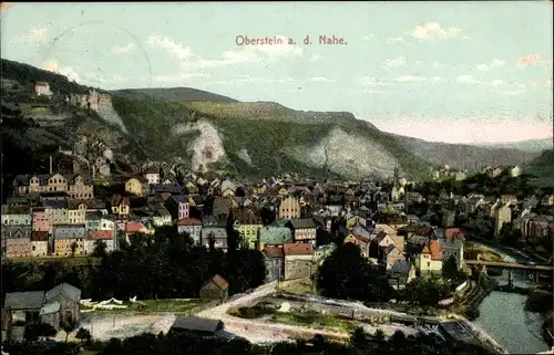 Ak Idar Oberstein a.d. Nahe, Kanalpartie, Ortschaft, Brücke, Landschaft