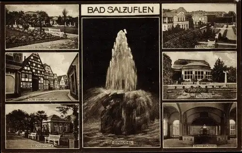 Ak Bad Salzuflen in Lippe, Kurpark, Alte Giebelhäuser, Brunnenhalle, Sprudel, Badehäuser, Kurhaus