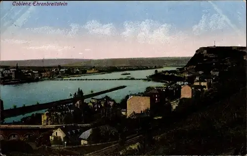 Ak Ehrenbreitstein Koblenz am Rhein, Teilansicht, Blick über die Dächer, Brücke