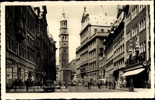 Ak Augsburg in Schwaben, Untere Maximilianstraße mit Perlach und Rathaus von Elias Holl