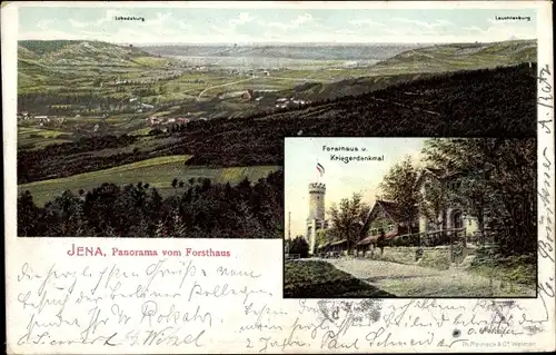 Ak Jena in Thüringen, Stadtpanorama vom Forsthaus gesehen, Kriegerdenkmal
