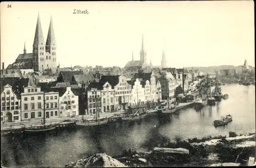 Ak Lübeck, Giebelhäuser an der Trave, Schiffe, Kirchen