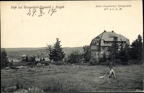 Ak Zinnwald Georgenfeld Altenberg im Erzgebirge, Hotel Lugsteinhof, Frau auf einer Wiese sitzend