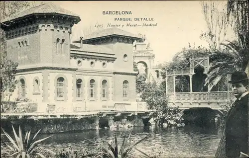 Ak Barcelona Katalonien, Parque, edificio, hombre con sombrero hongo