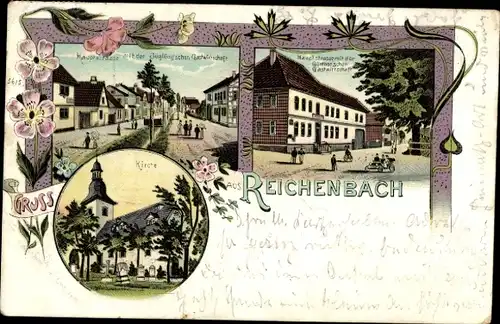 Litho Reichenbach in der Oberlausitz, Kirche, Hauptstraße, Gastwirtschaft