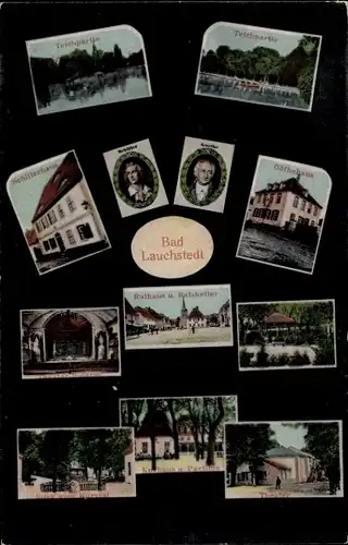 Ak Bad Lauchstädt Saalekreis, Teich, Schillerhaus, Goethehaus, Rathaus, Ratskeller