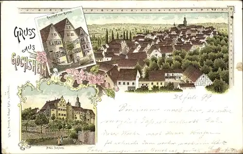 Litho Gochsheim im Kraichtal Baden, Panorama, Gasthof zur Kanne, Altes Schloss