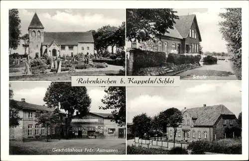 Ak Rabenkirchen Faulück an der Schlei, Kirche, Schule, Geschäftshaus F. Asmussen