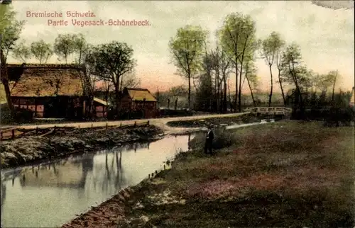 Ak Schönebeck Vegesack Bremen, Partie am Fluss, Reetdachhäuser