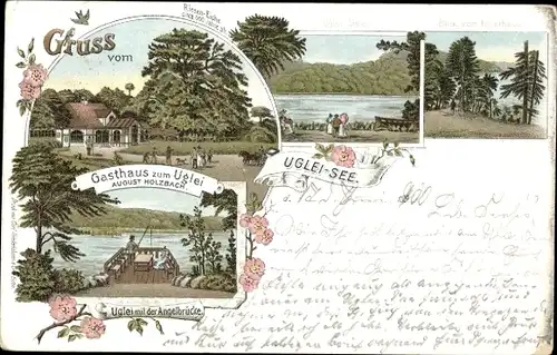 Litho Eutin in Ostholstein, Ukleisee, Uglei See, Gasthaus zum Uglei, Angelbrücke