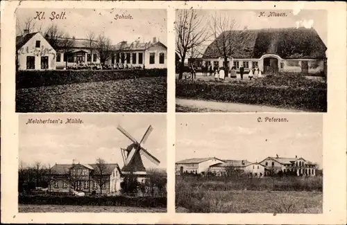 Ak Kleinsolt Freienwill in Schleswig Holstein, Schule, Melchertsens Mühle, C. Petersen