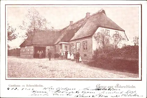 Ak Schweltholm Stoltebüll in Schleswig Holstein, Gasthaus, Reetdachhaus, Straßenpartie