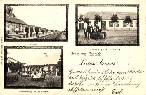 Ak Eggebek Kreis Flensburg, Bahnhof, Handlung F. A. Schultz, Gärtnerkrug