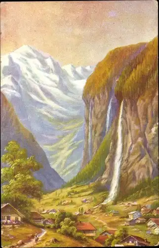 Künstler Ak Gebirgslandschaft mit Wasserfällen, Reklame, Adolph Webers Thee, Marke Doppelkopf