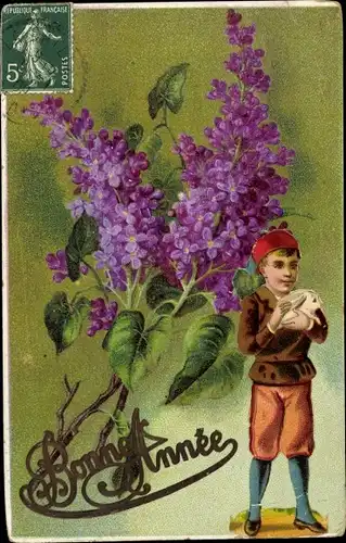 Ak Glückwunsch Neujahr, Kind, Kaninchen, Blumen