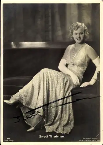 Ak Schauspielerin Gretl Theimer, Portrait im Abendkleid, Autogramm