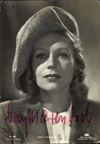 Ak Schauspielerin Leny Marenbach, Portrait mit Mütze, Autogramm