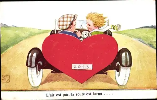 Künstler Ak Wills, John, Kinder reisen mit dem Auto, Hund, Herz