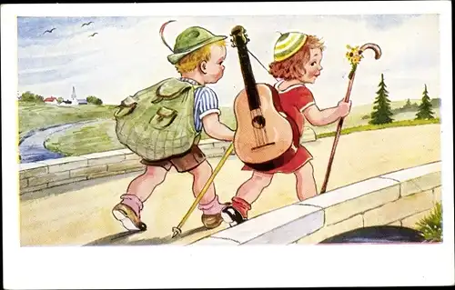 Künstler Ak Wills, John, zwei Kinder, Rucksack, Gitarre